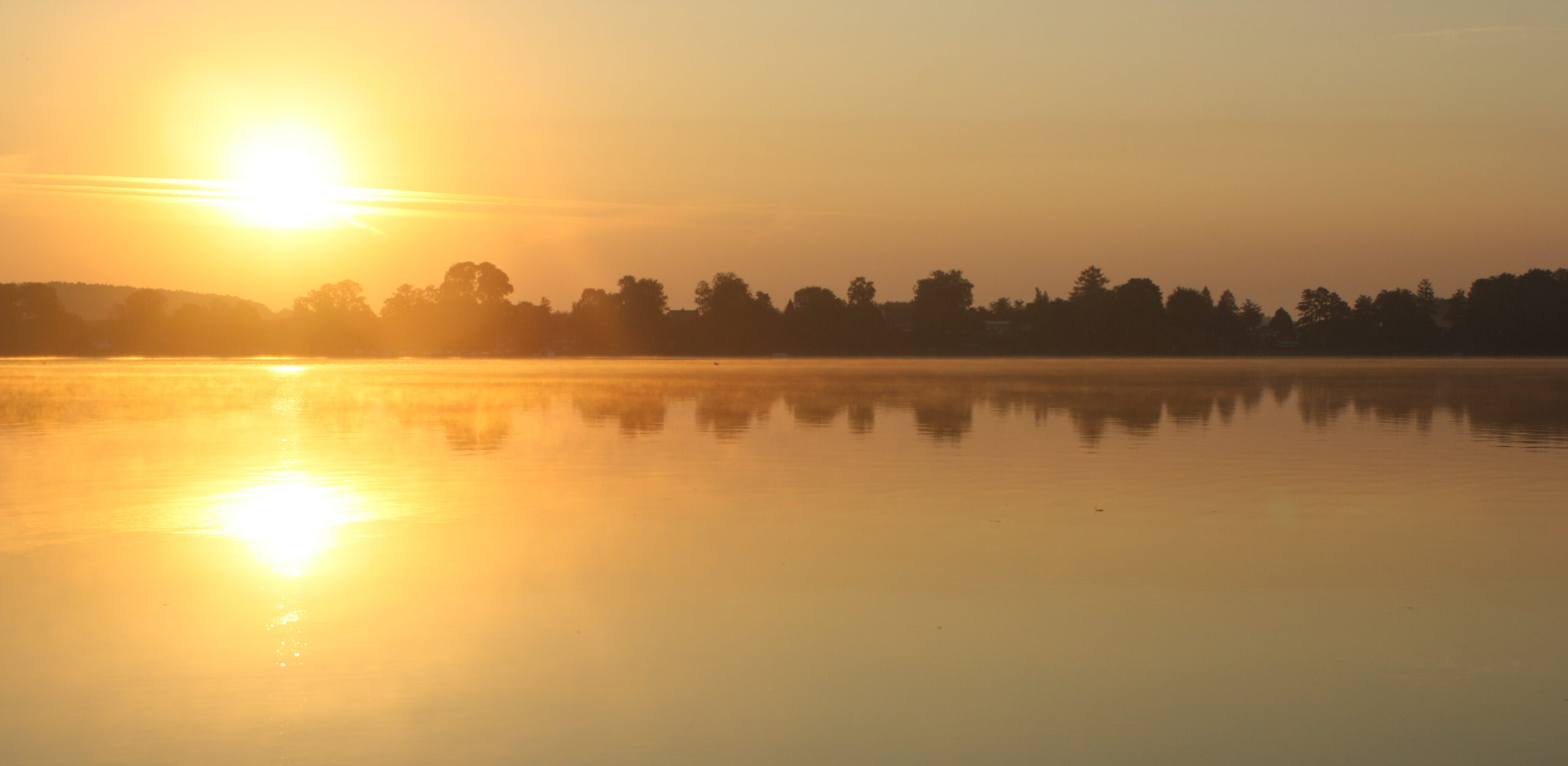 Sonnenuntergang in warmen Gelb- und Orangetönen über einem ruhigen See mit Bäumen im Hintergrund – Naturidylle in Neuzelle