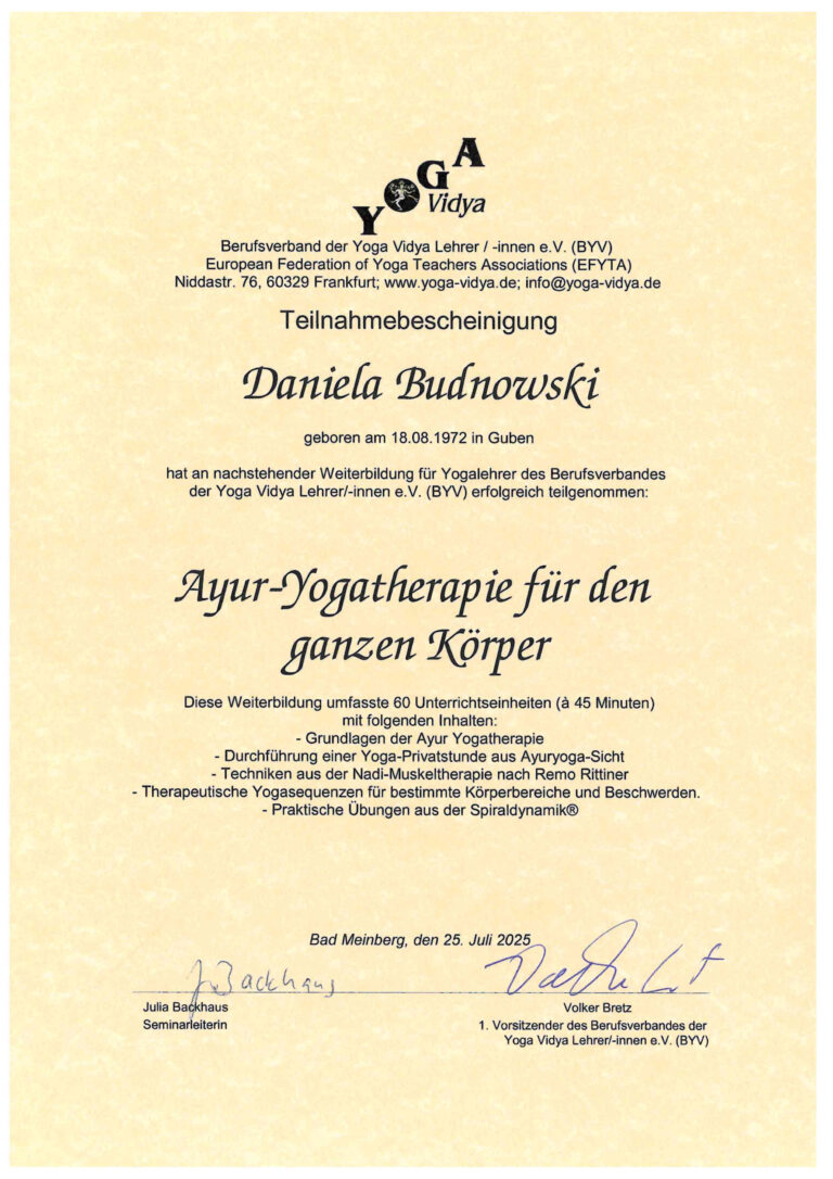 Teilnahmebescheinigung „Ayur-Yogatherapie für den ganzen Körper“ – ausgestellt für Daniela Budnowski