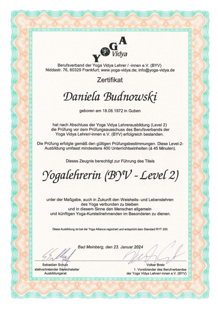 Zeugnis zur Berechtigung der Titelführung „Yogalehrerin (BDY) – Level 2“ für Daniela Budnowski